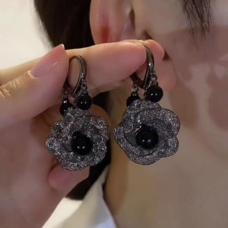 Black Lace Rose Drop Earrings -141