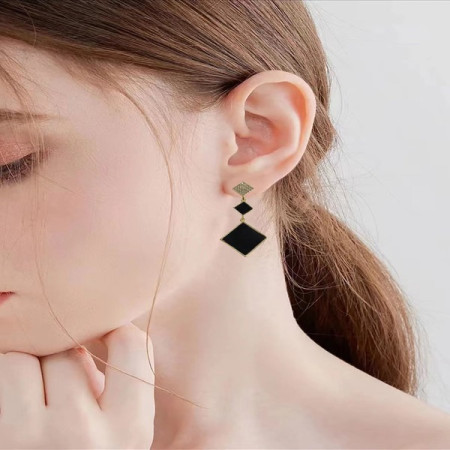 Black Enamel Geometric Drop Earrings -146